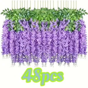 48 Pieces Purple Artificial Wisteria Silk Garland Hanging Wedding Arch Party Garden Home Decoration Vine Silk Flower String Party Wall Decoration Outdoor Artificial Flowers Holiday Decoration