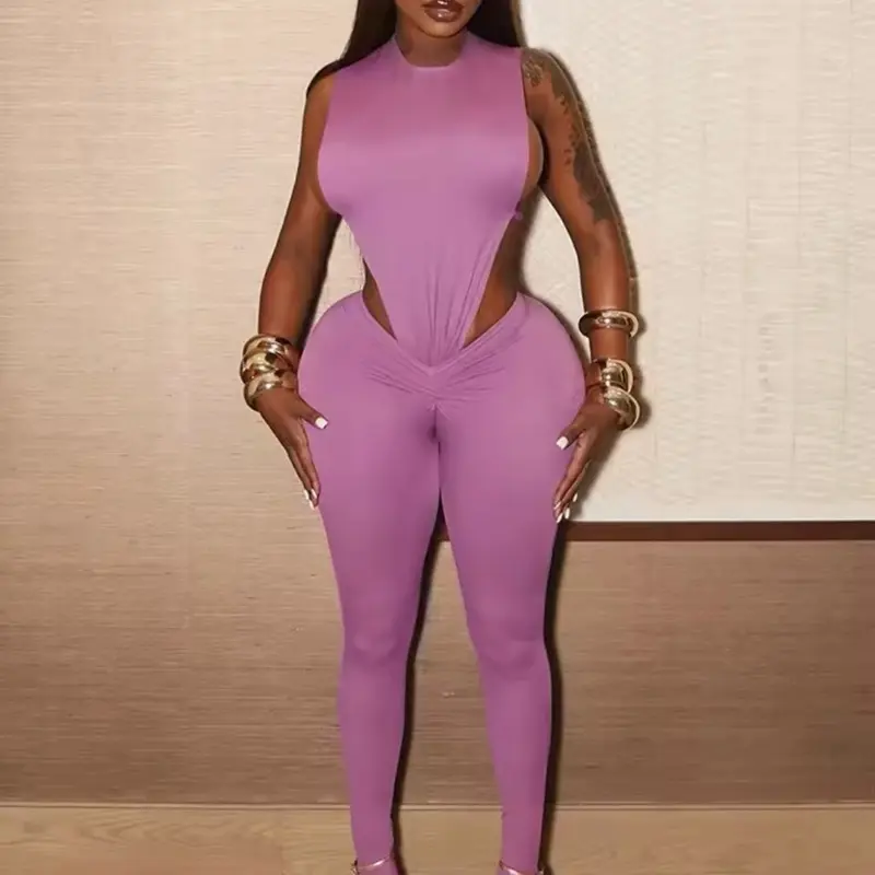 Crew Neck Cut-out Back Bodysuit Set in Trendy Purple for Women's Stylish Outfits