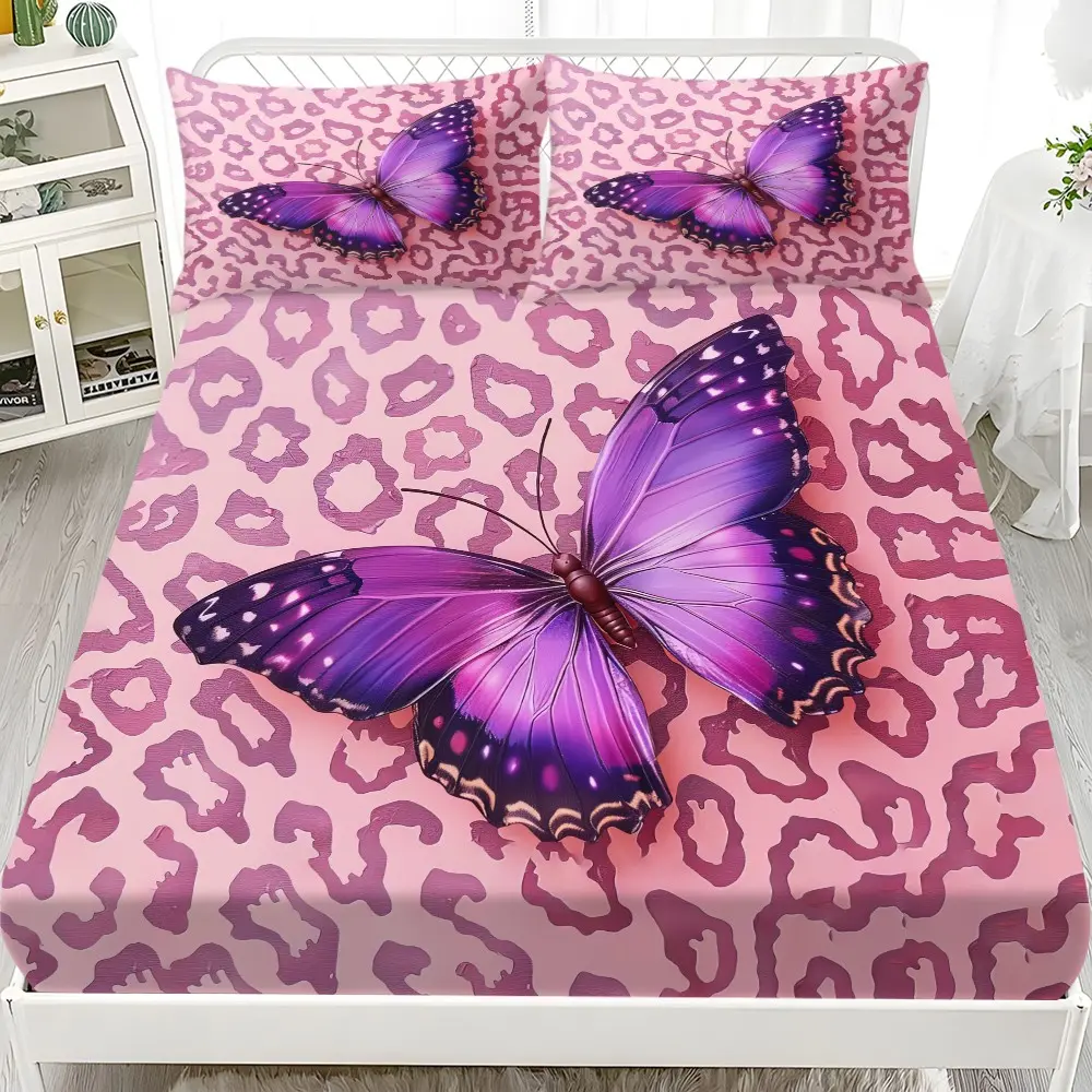 Tiger Print Butterfly Pattern Complete Polyester Bedding Set (1 Fitted Sheet + 2 Pillowcases), Modern Style, Versatile, Suitable for Dorms, Bedrooms, Hotels, All Seasons