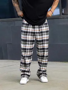 Men's black and white plaid sports casual pants, drawstring waist, fashionable plaid design suitable for modern casual wear, comfortable and flexible wearing experience, suitable for daily use Menswear Trouser Checked