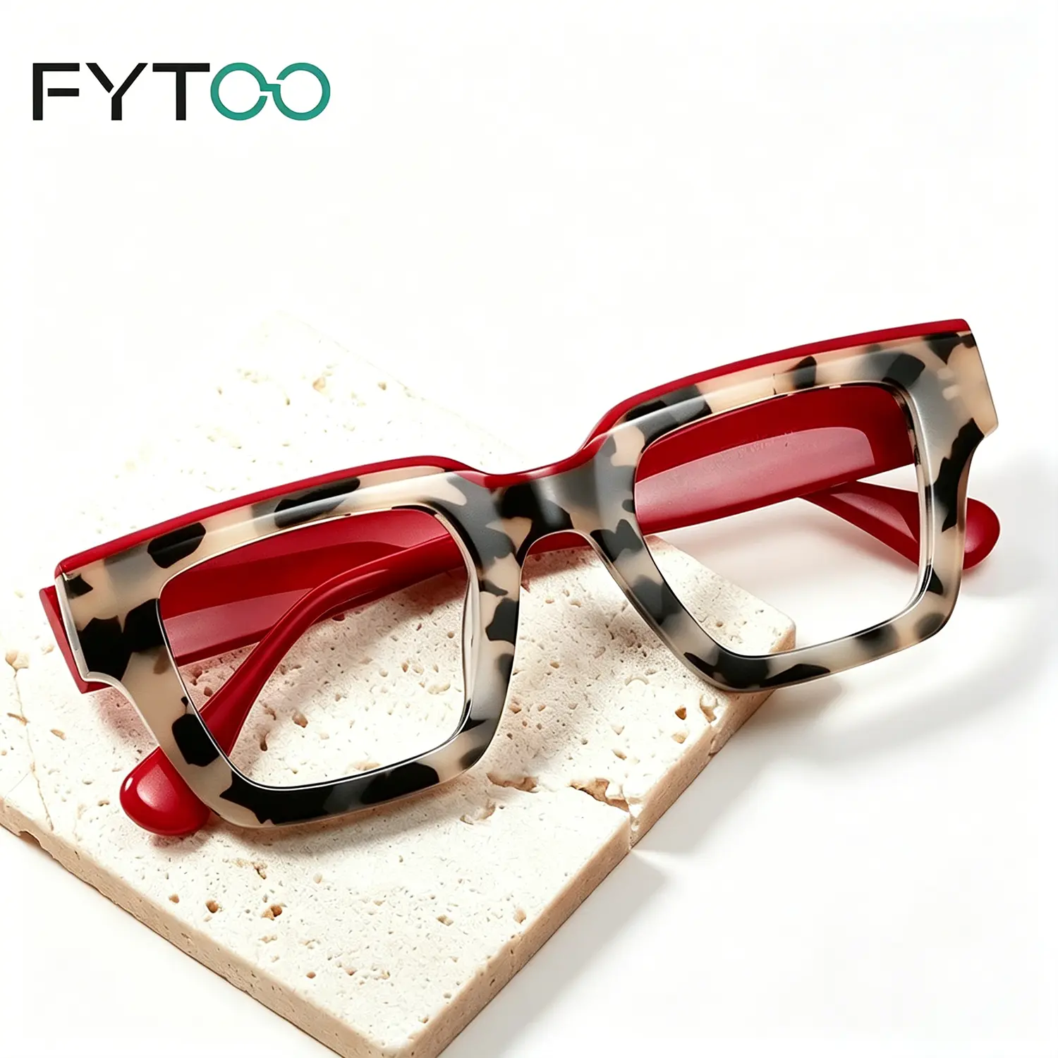 FYTOO Tortoise Red Acetate Square Glasses Frame, Unisex Light Luxury Art Business Fashion Eyeglasses, Elegant All-Day Daily Wear Eyewear, Perfect Gift for Him & Her 751626-04