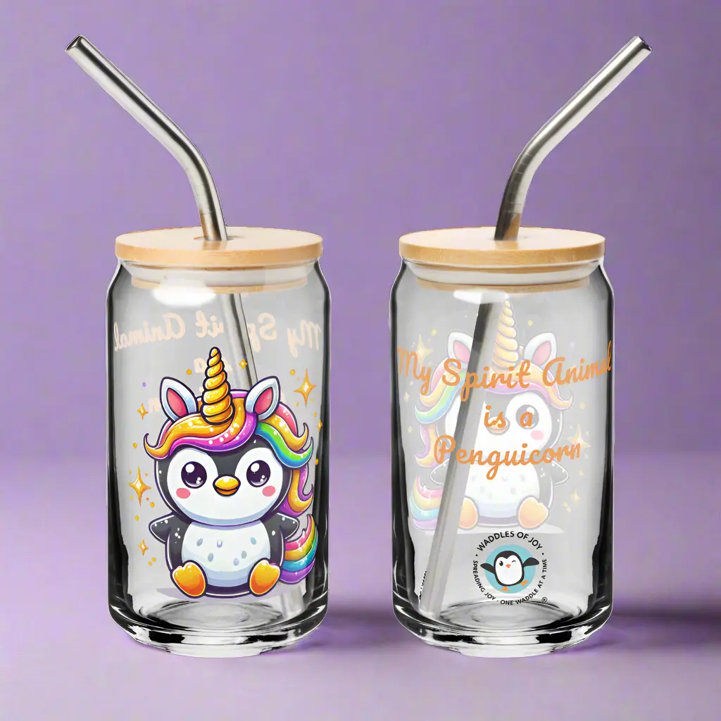 Penguicorn Spirit Animal Metal Can-Shaped Large Tumbler Glass, Bamboo-Lidded Container for Lemonade, Penguins-Themed Kitchen Drinkware, Glass Containers Glasses