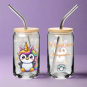 Penguicorn Spirit Animal Metal Can-Shaped Large Tumbler Glass, Bamboo-Lidded Container for Lemonade, Penguins-Themed Kitchen Drinkware, Glass Containers Glasses