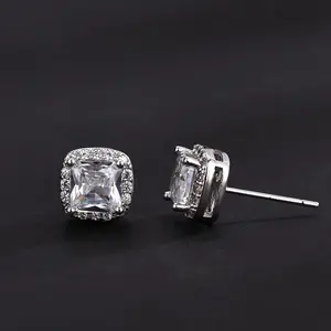 S925 sterling silver national trend men's sugar cube earrings / high street hip-hop ins style zircon earrings / hypoallergenic unisex earrings