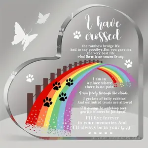[Sympathy Gift] Rainbow Bridge 1pc Heart-Shaped Acrylic Pet Memorial Gift | 2D Flat, Paw Prints & Butterflies, Sympathy Gift for Loss of Dog or Cat, Condolence Keepsake for Pet Lovers, Desktop Decoration, Dog Memorial Items