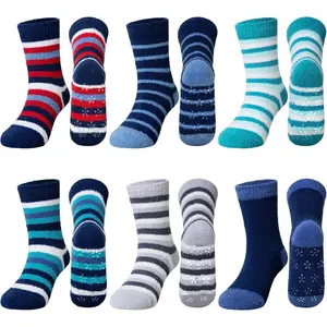 L-BN090   Kids Fuzzy Slipper Grip Socks Boys Girls Non Slip Winter Thick Fluffy Warm Soft Plush Thermal Crew Socks 6 Pairs