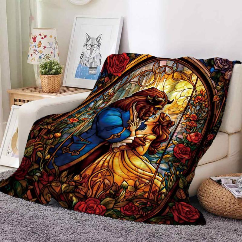 1PC Beauty and Beast Cartoon Printing, skin -friendly, warm, soft, four seasons, family office travel thickened flavor blankets birthday gift