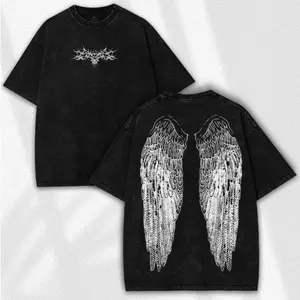 Vintage Washed Graphic T-Shirt, 100% Cotton Tee, Digital Print Vintage Tee, Angel Wings Washed Shirt: Gothic Vintage Streetwear - Dark Cyber Sigilism Grunge