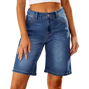 Luvamia Bermuda Jean Shorts for Women High Waisted Stretchy Denim Knee Length Cutoff Loose Fit Long Shorts Womenswear Streetwear Basic 5 Pockets Bottom