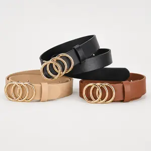 CKiruv Women’s Triple Ring Buckle Belt, 3cm Wide PU Leather Waist Belt with Gold Alloy Buckle, Chic Belt for Dresses, Jeans, Trousers & Everyday Outfits