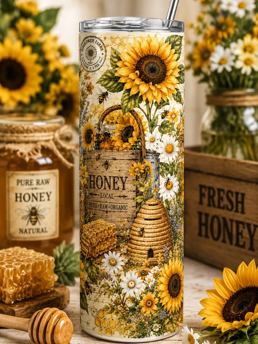 Sunflower Bee 20oz Stainless Steel Tumbler | Farmhouse Floral Insulated Travel Mug | Double Wall Vacuum Cup with Lid & Straw