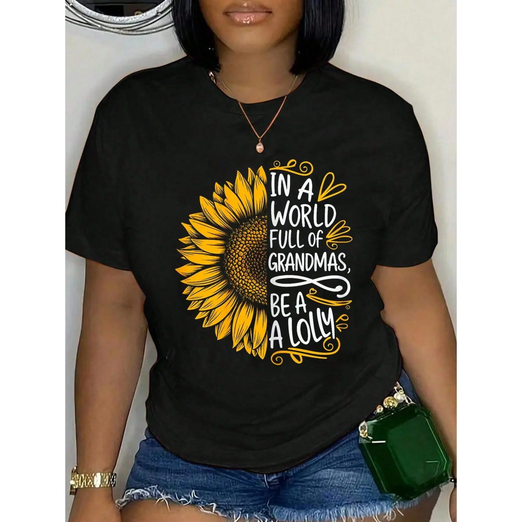 100% Cotton In A World Full Of Grandmas Be A Lolly Shirt Women Grandma T-Shirt Summer, Cotton, Casual, Short Sleeve, Graphic Tee, Soft, Breathable, Loose Fit, Streetwear, Daily Wear, T-Shirtt