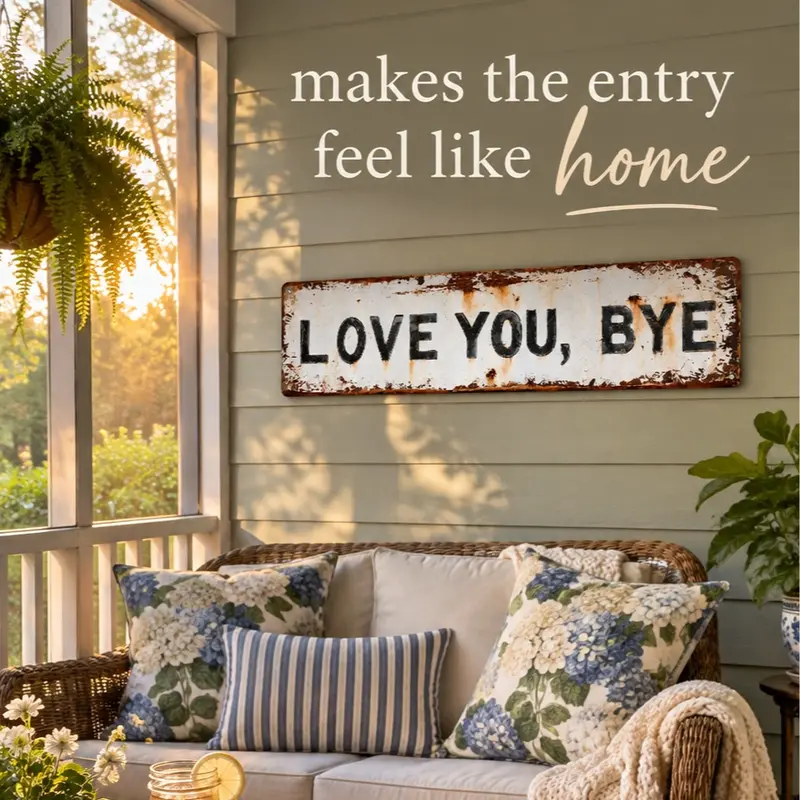 Vintage Metal "Love You Goodbye" Plaque Sign - 16x4in Eco-Friendly Lightweight Rust-Resistant Aluminum Wall Art, Mountable House Decor, Bedroom Decor, Home Goods for Entryway, Porch/Patio, Nail & Screws Included Housewarming Gift