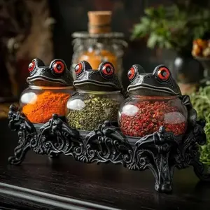 Dark Witch Frog Jar—Handcrafted Gothic-style spice jar with a wooden frog lid (not screw-top) | Vintage Halloween kitchen decor | Herb and spice storage jar