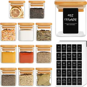 12Pcs Glass Spice Jars with Bamboo Lid, 4oz Airtight Square Spice Containers with 275 Black Lables, Empty Seasoning Jars for Spice Salt Sugar