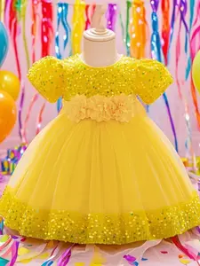 Toddler Girl's Glitter Sequin Decor Princess Dress, Sparkly Glitter Dresses, Cute Puff Sleeve Round Neck Dress for Party Wedding Guest, Kids Clothes for All Seasons, Fashion Clothing