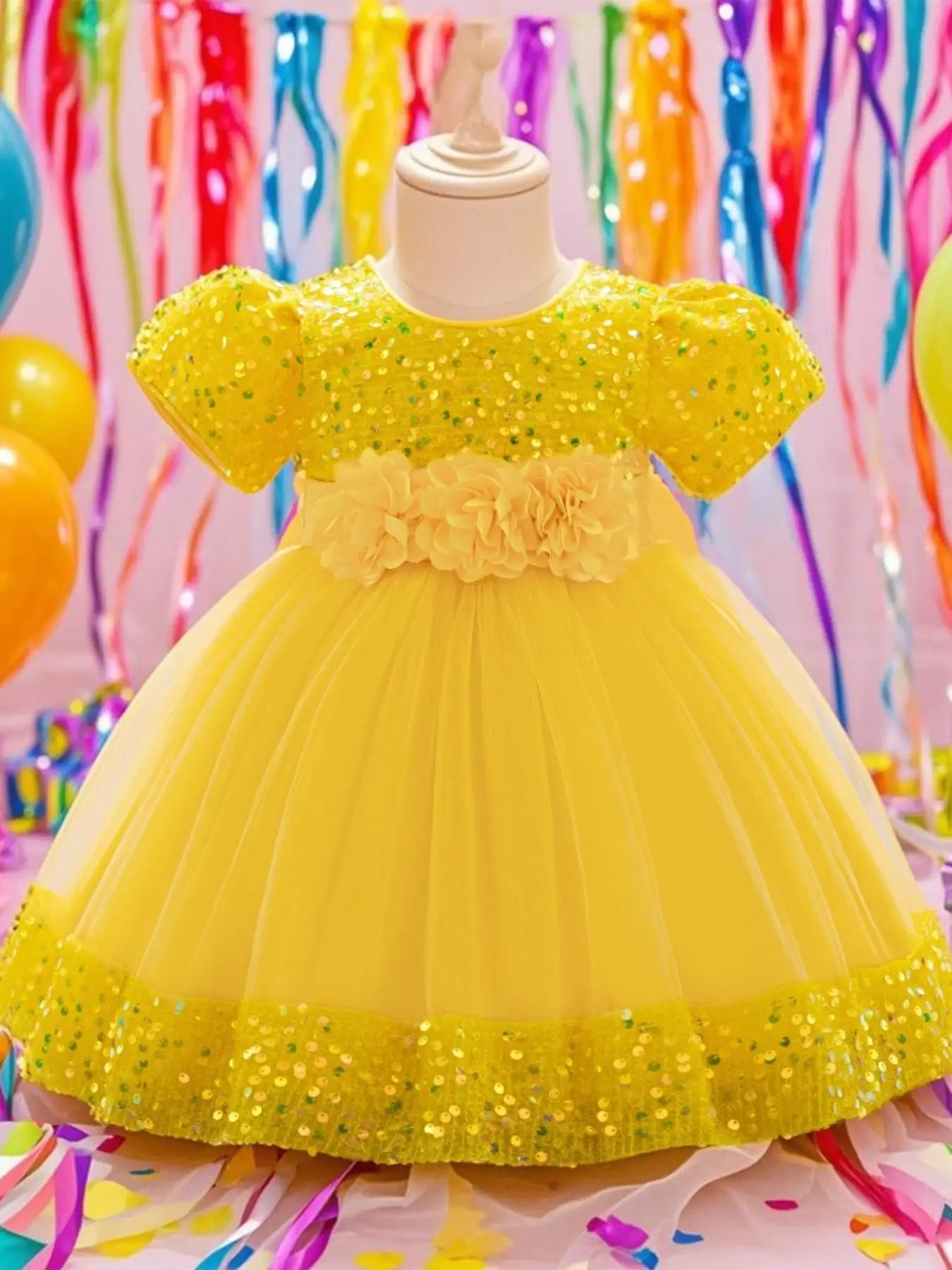 Toddler Girl's Glitter Sequin Decor Princess Dress, Cute Puff Sleeve Round Neck Dress for Party Wedding Guest, Kids Clothes for All Seasons, Fashion C