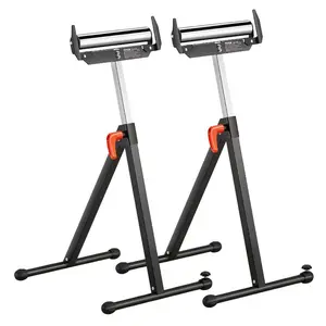 VEVOR 2-Pack Roller Stands, 250 lbs Load Capacity, 27-43 in Adjustable Height, Folding Heavy Duty with Polished Steel Roller Head Guides, for Table Saw Outfeed Woodworking Extension Support