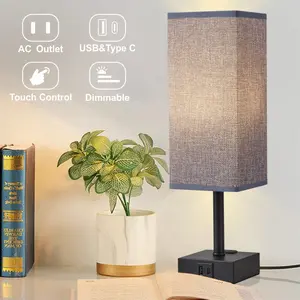 Dimmable Touch Lamp, Dimmable USB Lamp Include LED Bulb, White Fabric Shade Lamp Built in 1 USB 1 Type C Ports & 1AC Outlet, Bedside Lamp Idea for Bedroom