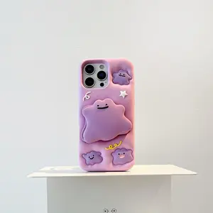 Funny 3D Cartoon Ditto Monsters Bracket Mirror Case For iPhone 17 16 15 14 13 12 Pro Max Soft Silicone Stand Holder Cover