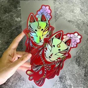 1PC fox mask laser effect car sticker, used to cover car body scratches, bumpers, triangle windows, motorcycle fuel tanks, personalized Japanese cherry blossom song bird art JDM decorative accessories