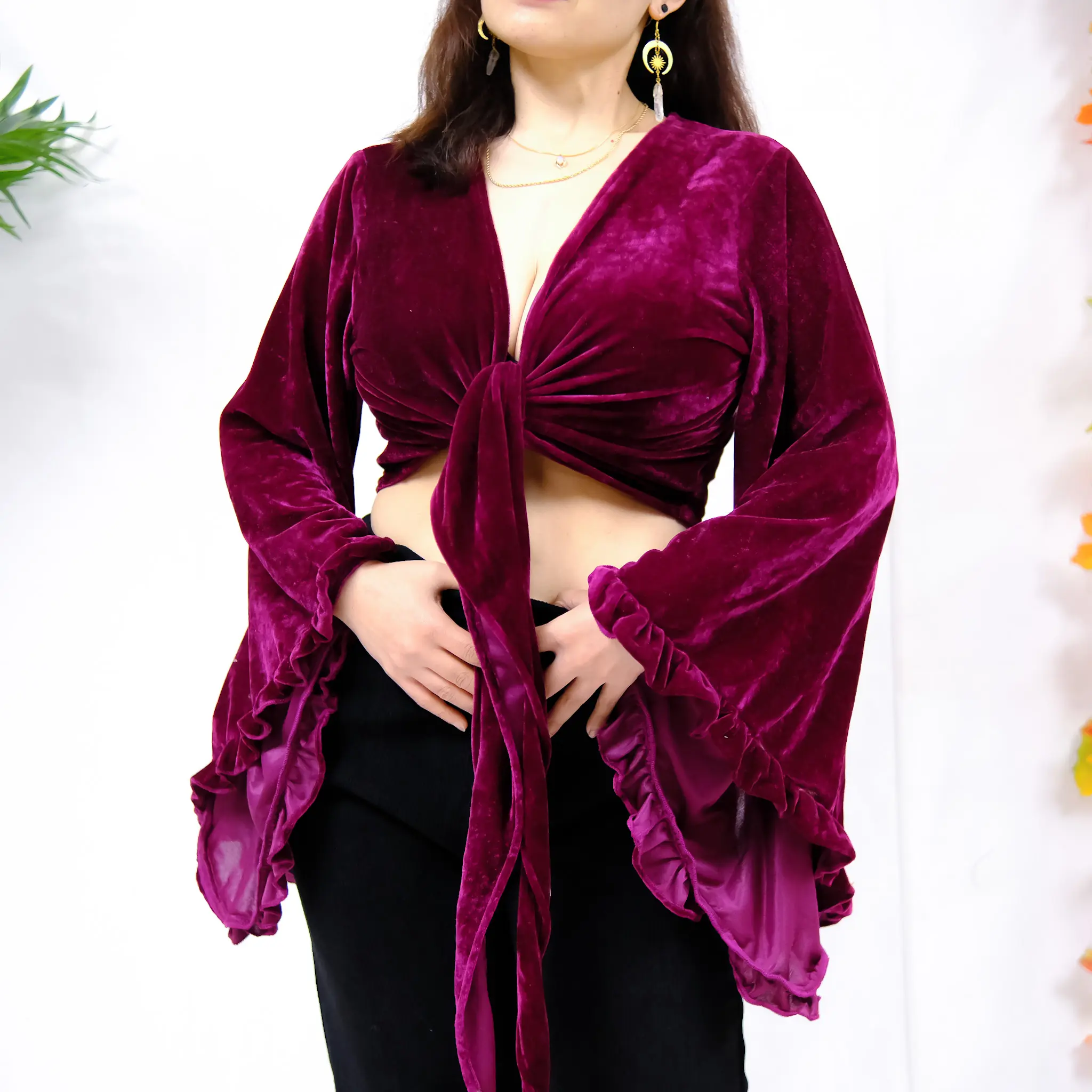Velvet Wrap Top, Mulberry Silk Three Way Tie Top, Plus Size, Crop Top Flare Sleeve Blouse, Bohemian Style, Ruffle Design, Hippie, 70s 60s Festival Plain Top, Retro Style Flowy Top, Plus Size Boho Women Blouse