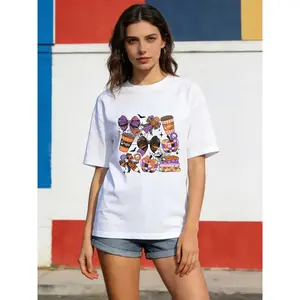 Halloween Coffee & Candy Graphic T-Shirt for Women, Oversized Casual Short Sleeve, Spooky Season Wear