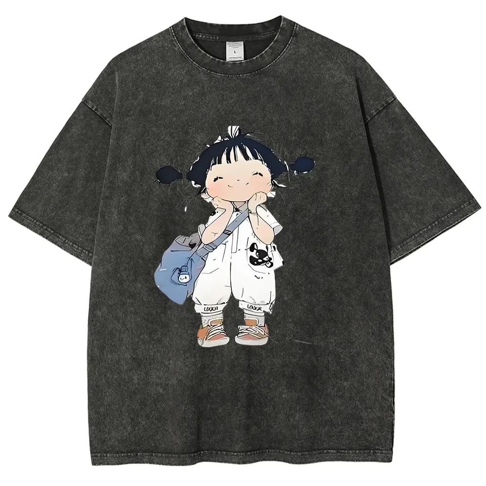 Viral Trend Kawaii Minimal Cartoon Twin Bun Girl Graphic T-Shirt Lightweight Breathable Crew Neck Tee Relaxed Fit Daily Campus Casual Women’s Top Acid Washed Cotton T-Shirt
