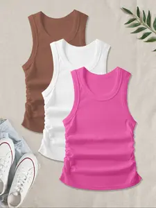 Women's Casual Breathable Sleeveless Solid Knit Tank Top Set, Comfortable Elastic Side Straps, Fitted All Season Underwear, Pack of 3