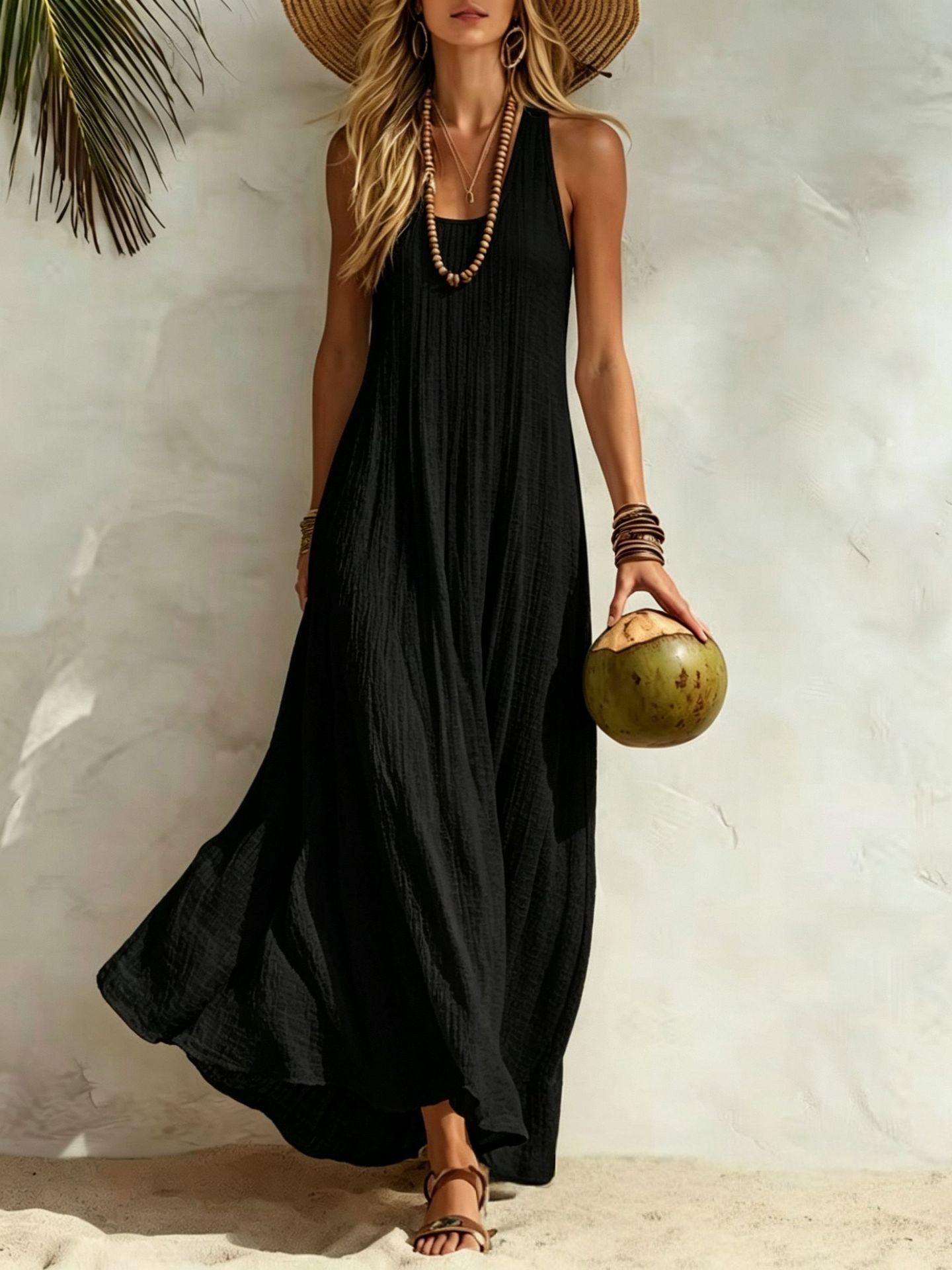 Women&rsquo;s summer dress with a relaxed Bohemian beach vacation vibe&mdash;loose fit that flatters the figure and is comfortable, long length.
