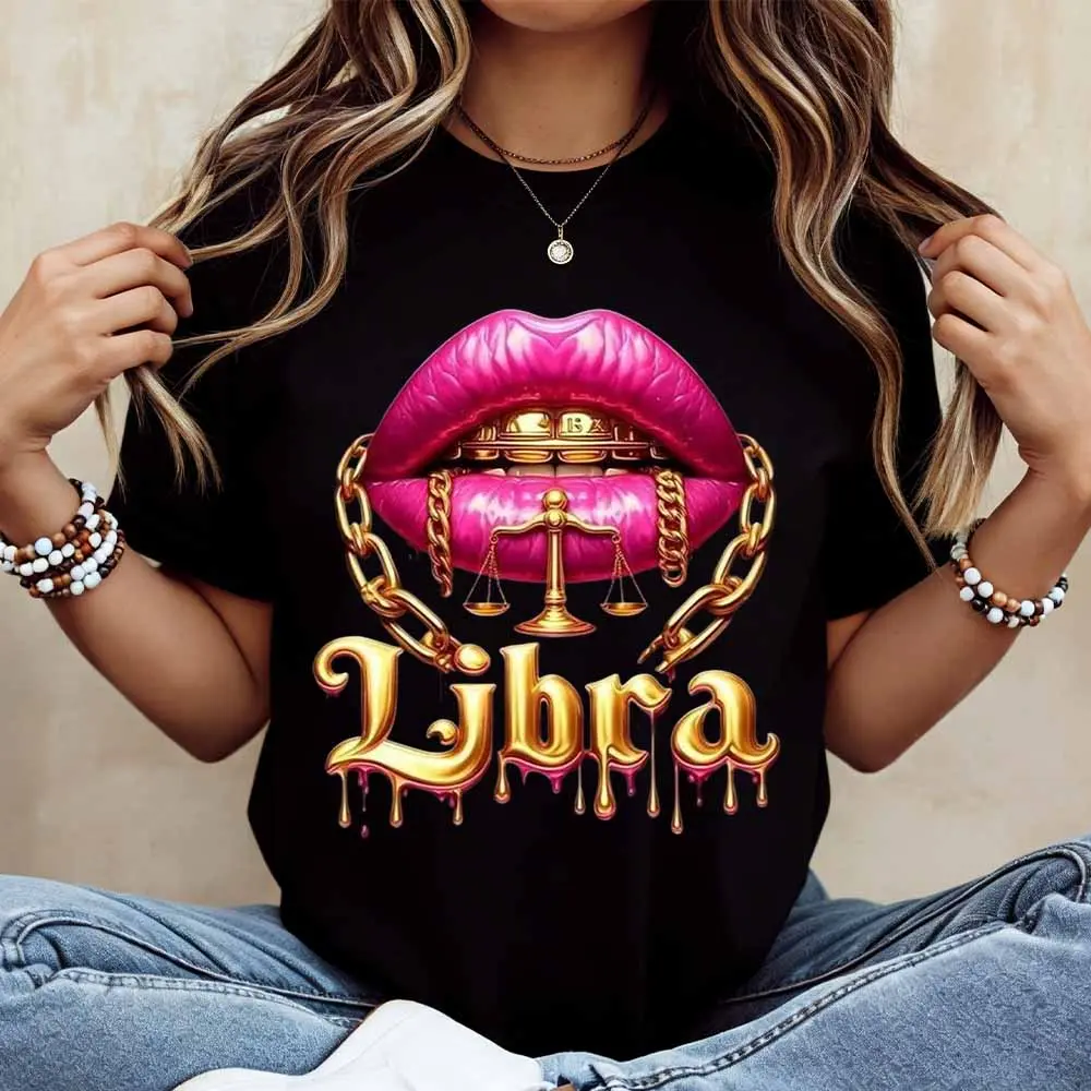 Libra Zodiac Sign Lips And Scales Print T Shirt  Casual Loose Fit For Everyday Wear And Leisure Activities(1)