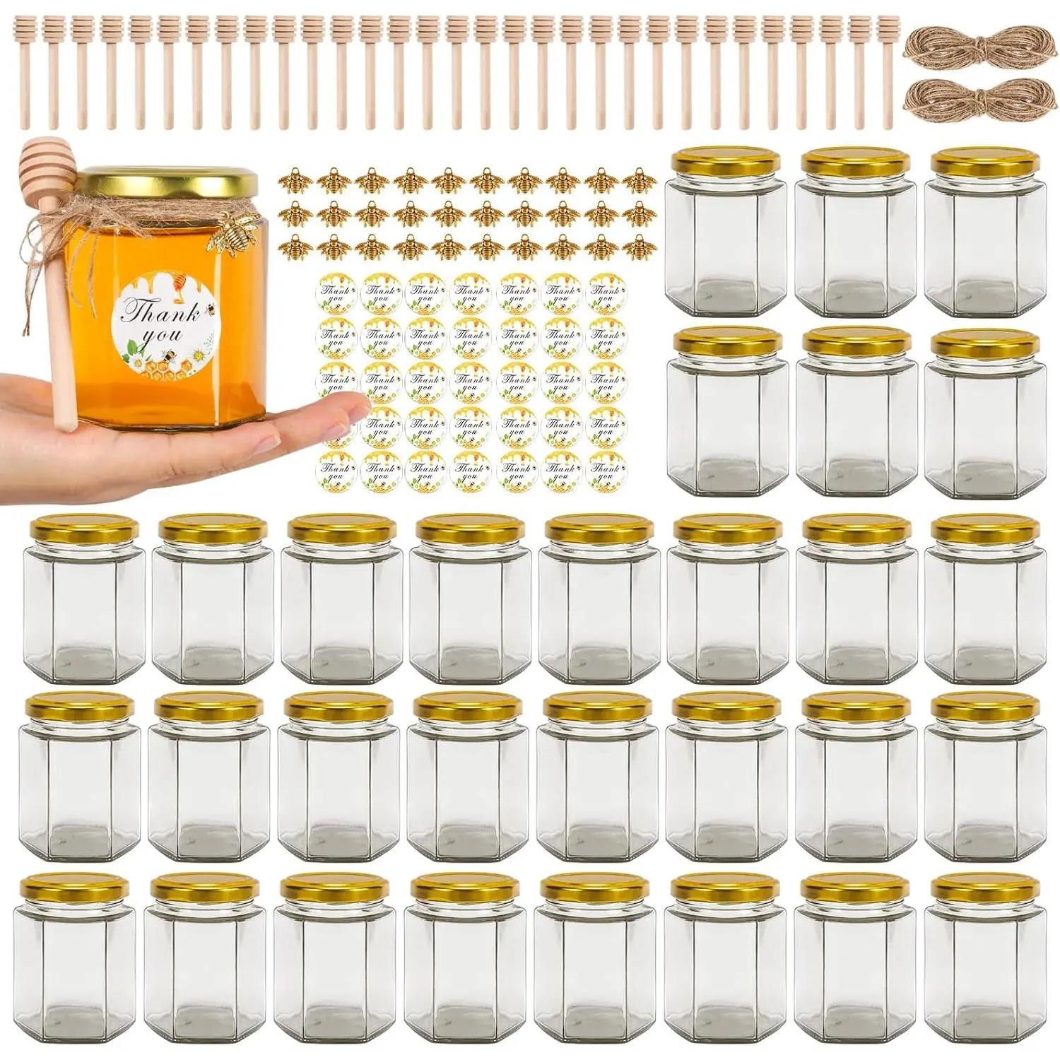 6 oz 30 Pack Hexagon Glass Bottles - 6 fl oz Mini Honey Jars with Wooden Dippers, Gold Lids, Bee Pendants, Jutes, Stickers for Wedding Favors, Candle Making