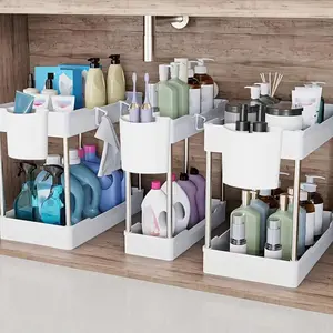 3 Pack Under Sink Organizers and Storage, 2 Tier Bathroom Cabinet Organizer Shelf with Hanging Cups for Kitchen & Bathroom (White)