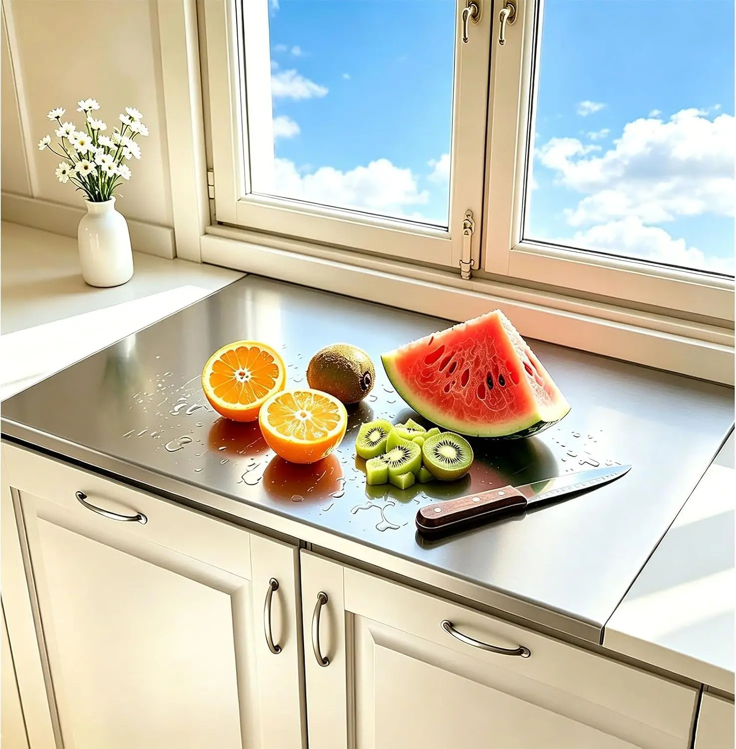 L-shaped Stainless Steel Cutting Plate for Kitchen - Anti Slip Dishwasher Safe Double-Sided Use for Meat Fruits Vegetables Bread Baking