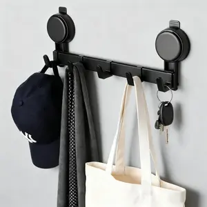 5-Hook Black Suction Cup Wall Hanger - Space Aluminum Adjustable Towel Rack, Renters-Friendly No-Drill Damage-Free Reusable Heavy-Duty, Waterproof Rustproof Matte Bathroom Organizing Accessory for Glass Surfaces