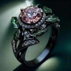 Exquisite bright pink zircon women's green leaf oil-drip flower plant ring for gift