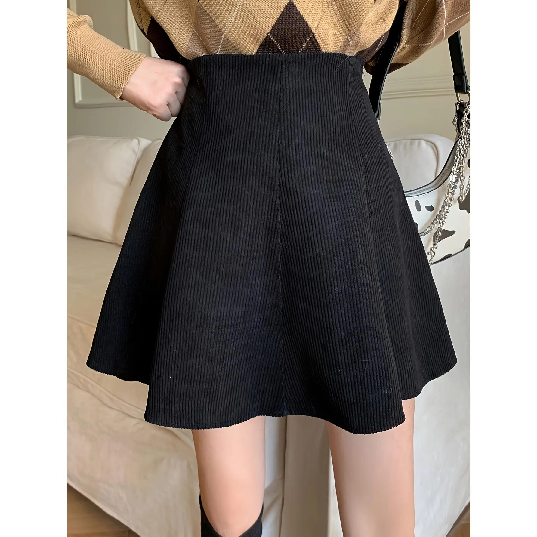Elegant High-Waisted Corduroy Skirt with Ruffle Hem, Flared Umbrella Bottom, Solid Color, Woven, Regular Fit, No Belt - Spring/Summer/Autumn