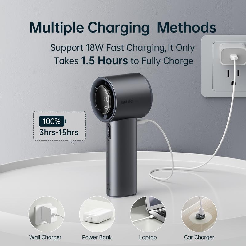 JISULIFE Handheld Fan Pro1S - 5000mAh Battery, 9m/s Wind Speed, Digital Display, USB Rechargeable, Portable Fan for Travel & Outdoor, Gifts for Women Men, Brushless Motor, 15000 RPM, 3-15 Hours Cooling
