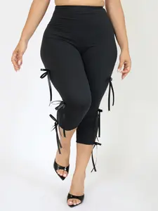 Elegant Slimming Seven-Point Pants, High-Waisted Plain Color Comfortable Butt-Lifting, Bowknot Sports Pants for Women