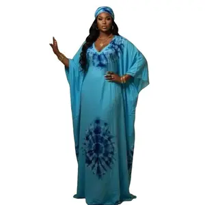 African Maxi Dress Bubu Tye Die Print Oversized Kaftan Hijab V-Neck Modern Women's Fashion Elegance Summer Batwing Long Sleeve Machine Washable Modest Clothes