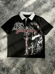 'Polo Shirt' "INDOMITABLE" Wolf & Sword Gothic Print Contrast Collar Polo | Edgy Gothic Streetwear Aesthetic | Unisex OOTD Essential | TikTok Viral Y2K Casual Daily Wear Statement Top for Men Women 2026 Spring New Drop