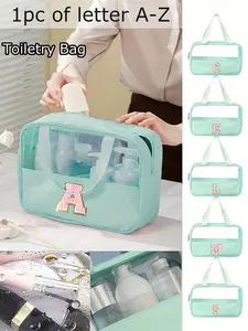 Fashion Square Green PU & PVC Leather Makeup Bag, Women's Handbag with Embroidered A-Z Alphabet Print, Student Back-to-School Toiletry Bag, Dorm Cosmetic Organizer & Beach Bag, Travel Cosmetic Bags, Accessory for College Students
