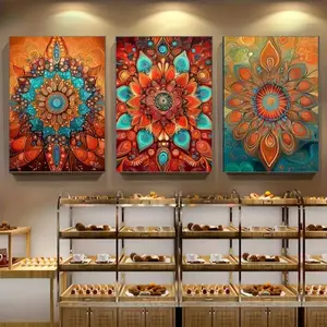 3 Pieces Boho Abstract Floral Mandala Art Prints, Vintage Geometric Wall Mural, Spiritual Meditation Home Art, Eclectic Gallery Decor, Rich Tone Poster, Wall Decor for Living Room, Bedroom and Study, Framed or Unframed Options Available.