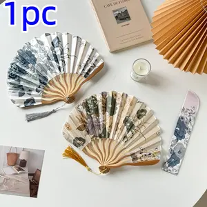 Vintage Chinese Ink Painting Folding Fan with Elegant Tassel, Portable Handheld Traditional Accessory for Men and Women, Comes with Fan Sleeve, Decorative Decoration, Gifts, Art