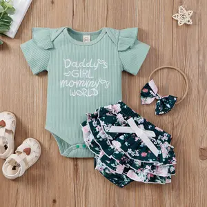 Baby Girl 3PCS Outfit Set Ribbed Ruffle Sleeve Bodysuit Floral Print Shorts Skirt with Bow and Headband