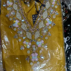Red/Yellow Boutique Work Silk Kurta Suit with Organza Floral Print Shawl - (size M to 2XL)Traditional Dress for Women