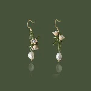 Lily of the Valley Flower Cluster Earrings - Mismatched Bohemian Freshwater Pearl Drop Earrings