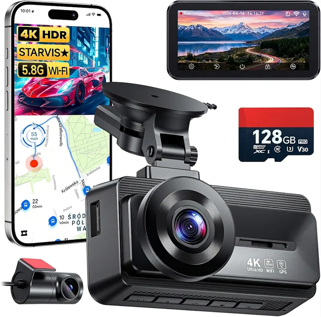 4K Dash Cam Front and Rear, Dual Dash Camera with STARVIS Sensor, 5GHz WiFi, Free 128GB Card, Built-in GPS, 24H Parking Mode, Super Night Vision, G-Sensor, HDR for Cars, Trucks, and SUVs
