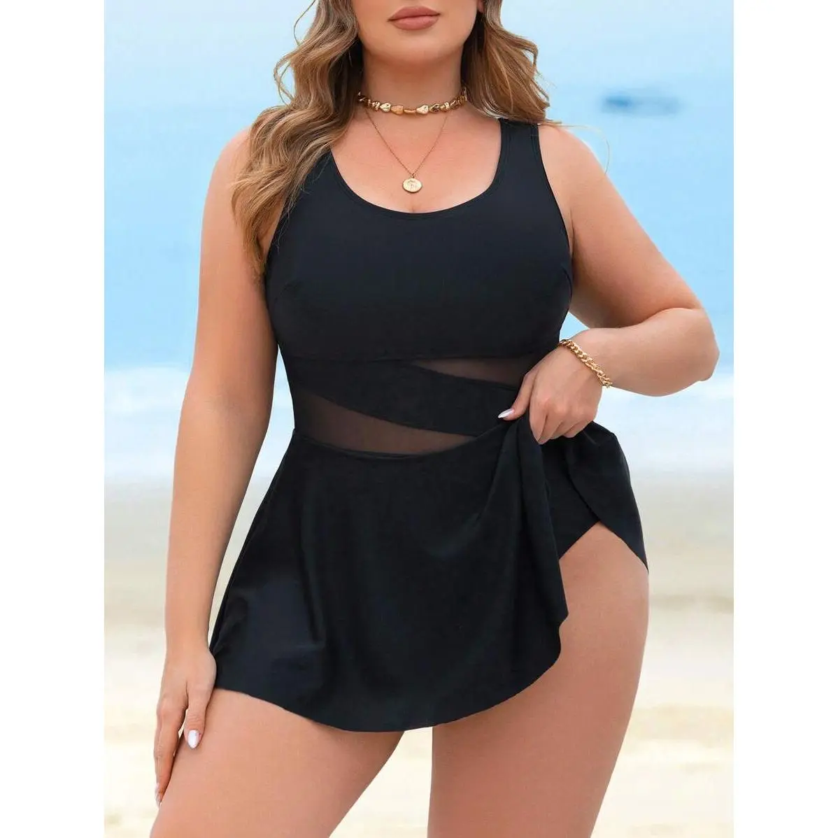 Women's Sculpting Swimdress, Bohemian Color Block 1-Piece with Mesh Panels and Detachable Padding, Mini Beach Wear, Sculpting Swimsuit, Swimsuit For Beach, Swimdress Swimming