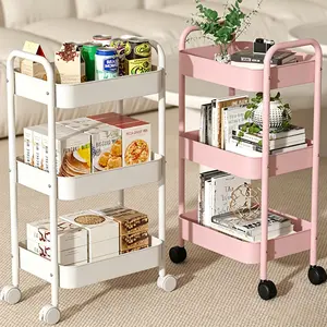 3-Tier Rolling Storage Cart, Multifunctional Utility Organizer Rack, No Assembly Needed, Space-Saving Storage Shelf for Kitchen, Bathroom, Bedroom, Office, Laundry & Garage (White)
